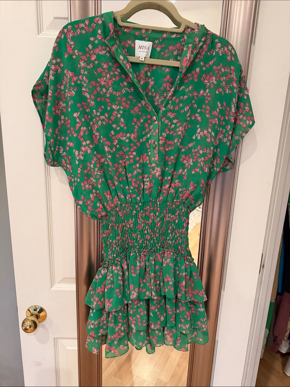 MISA Los Angeles Green Dress with Pink Floral Print